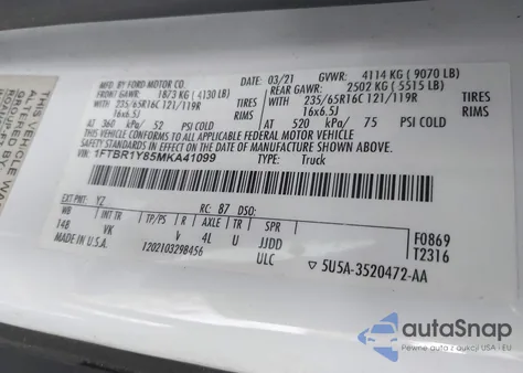 2021 Ford Transit-250 from USA, damaged, VIN 1FTBR1Y85MKA41099